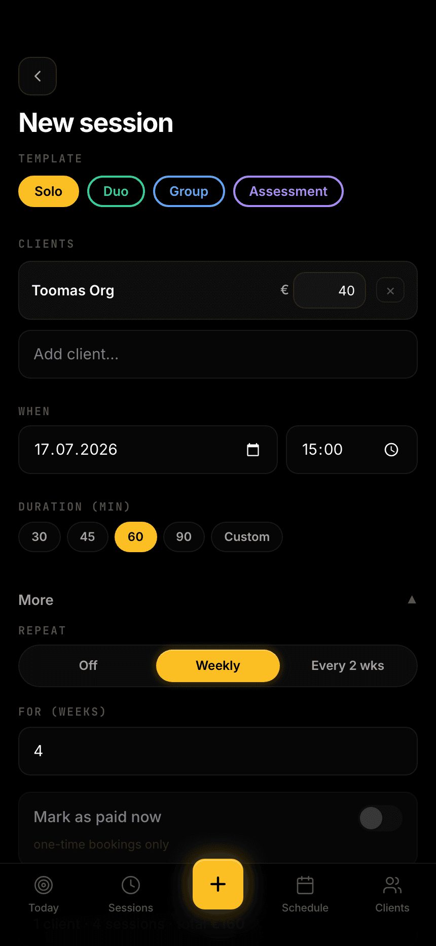 New session form: Solo template selected, client added with price, date, duration and weekly repeat