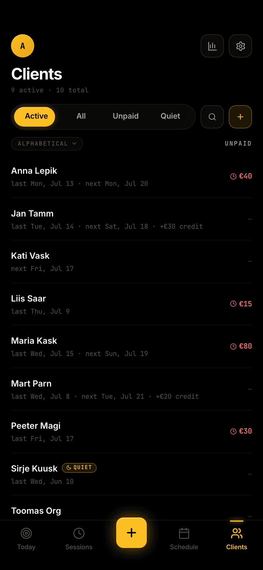 Client roster with a gold QUIET pill on a client who hasn't trained in weeks