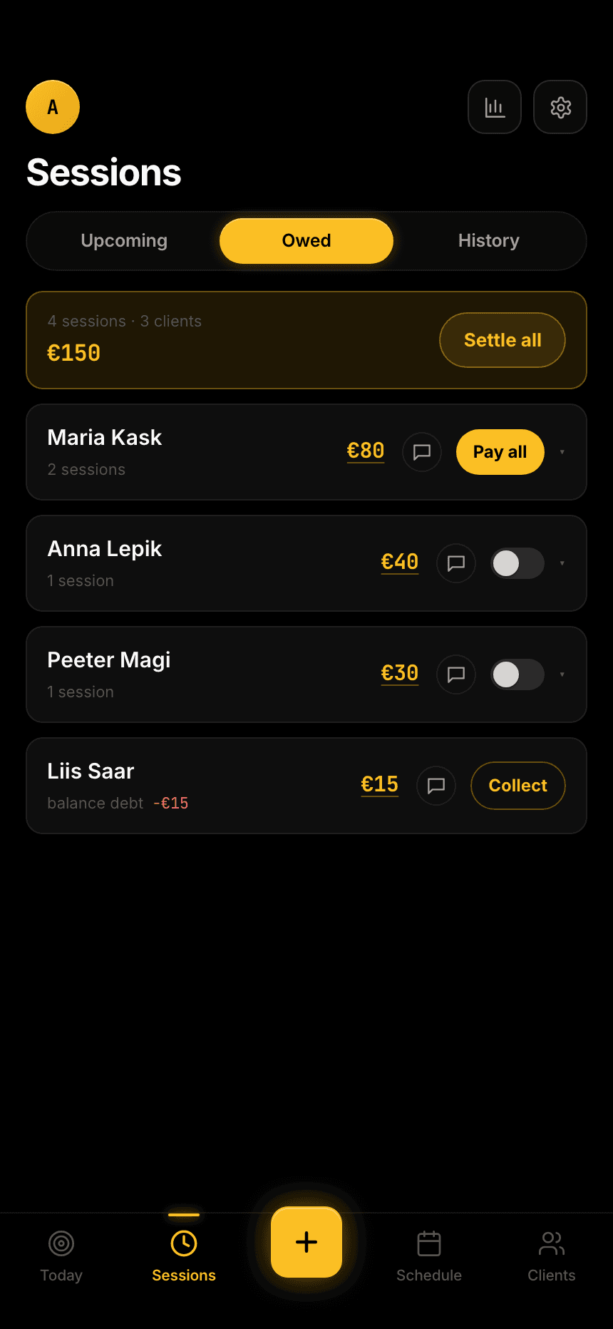 Owed tab: every client who owes money, each with an amount, a remind button and one-tap pay