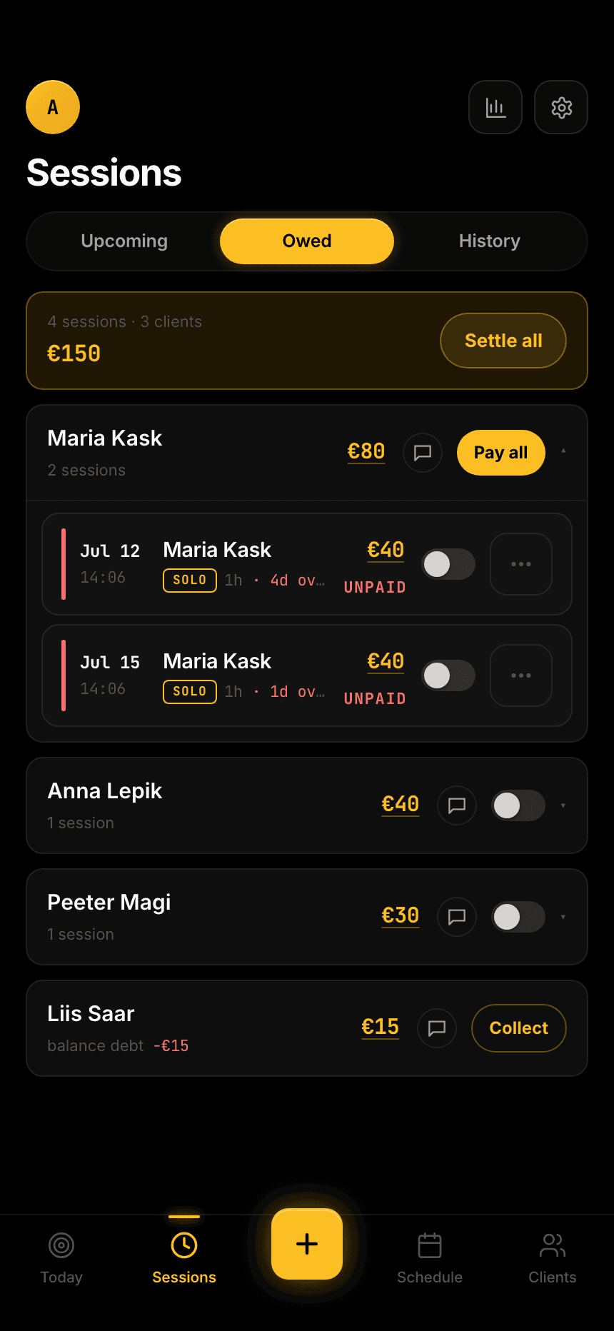 Owed tab with a client expanded into her two unpaid sessions, each with a pay toggle, plus Pay all and Settle all