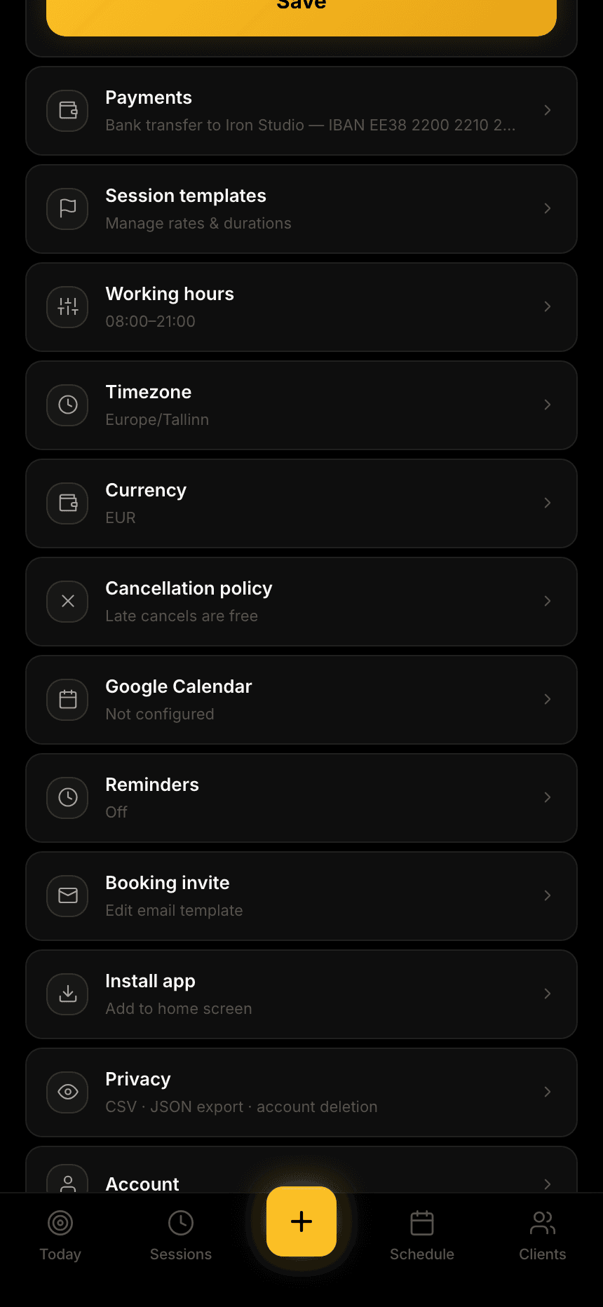 Settings list with the Google Calendar section ready to connect