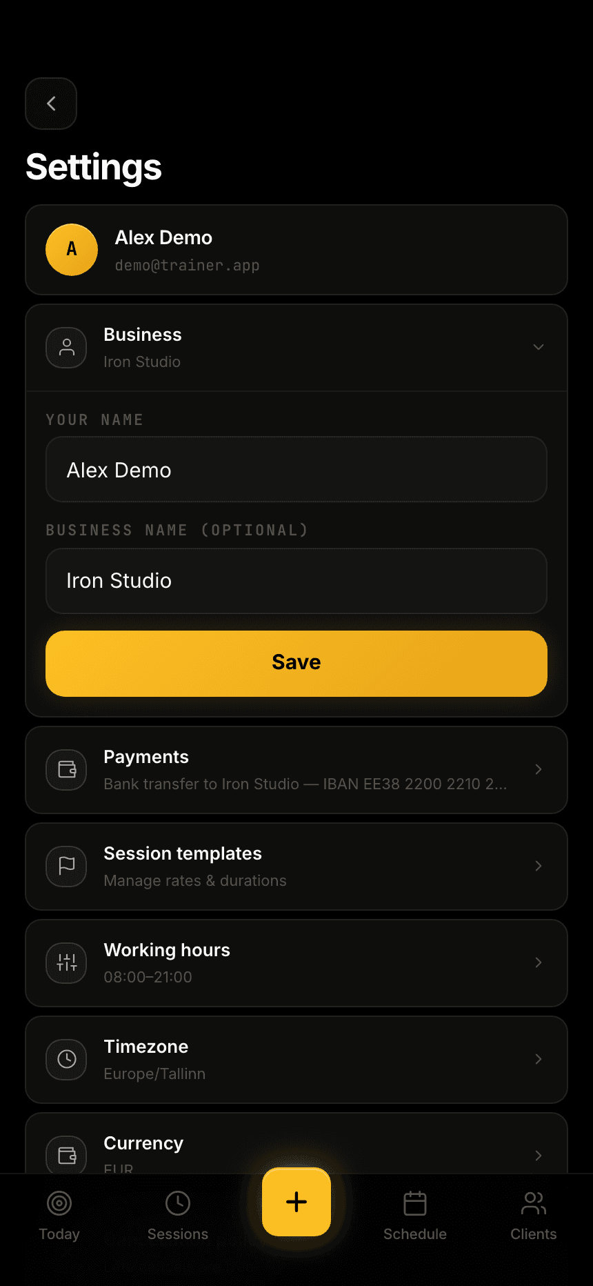 Settings: profile, payments, session templates, working hours, timezone and currency